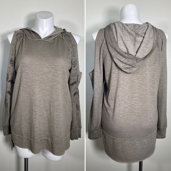 Knox Rose Floral embroidered Cut Out Cold Shoulder Hooded Sweatshirt Taupe XXL - Picture 2 of 9